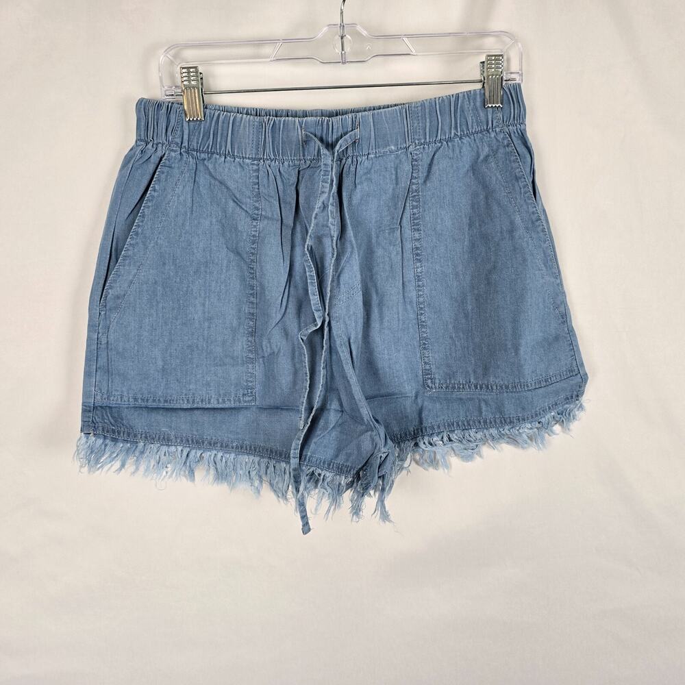 Jean Shorts Women's XL Blue Light Wash Drawstring Elastic Waist Fringe NWOT